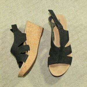 Collection By Clarks 9.5 Black Nubuck Hook & Loop Slingback Cork Wedge Heels